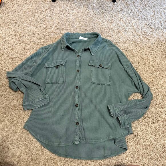 Double Zero Green Waffle Button Up - Picture 1 of 2
